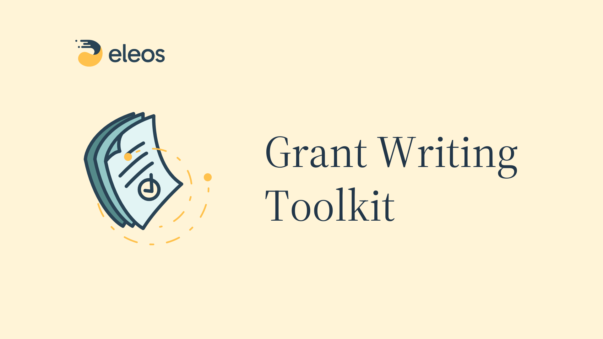 Grant writing toolkit for behavioral health programs with a stack of documents on a yellow background.
