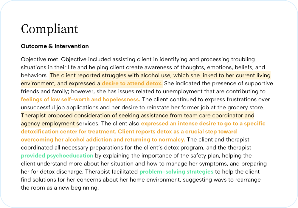 Compliant text with color-coded highlighting